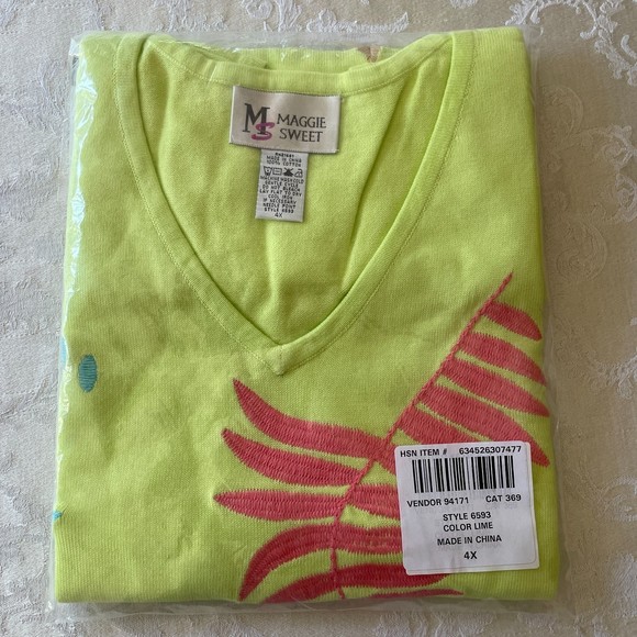 MAGGIE SWEET 100% Cotton Embroidered Lime Green Palm Trees Knit Tank, Size 4X - Picture 9 of 9